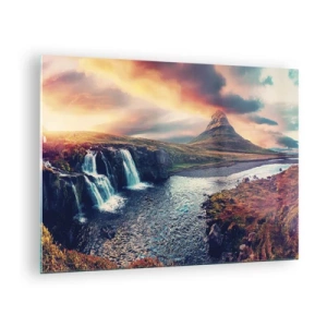 Cuadro sobre vidrio - Impresiones sobre Vidrio - Cascada y montaña al atardecer en el paisaje islandés - 70x50cm - En la majestuosidad de la naturaleza - Decoración de pared moderna para salón y dormitorio ARTTOR