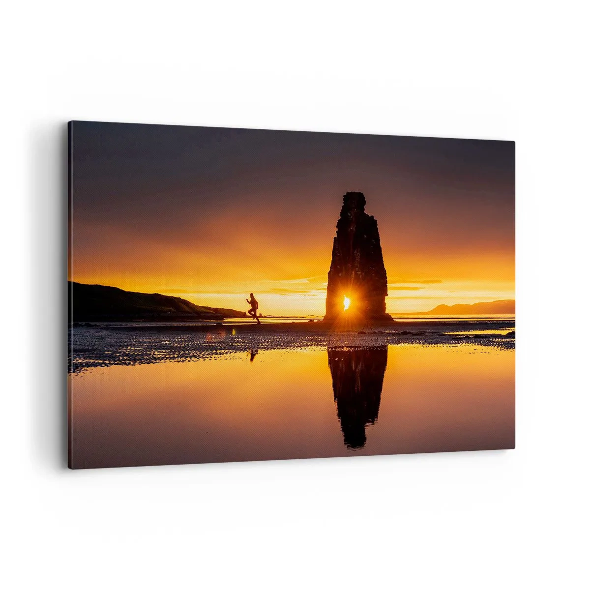 Cuadro sobre lienzo - Impresión de Imagen - Persona corriendo en la playa al atardecer con formación rocosa - 100x70cm - Solo tú y la naturaleza - Decoración de pared moderna para salón y dormitorio ARTTOR