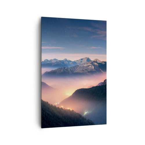 Cuadro sobre lienzo - Impresión de Imagen - Un paisaje de montaña con un valle lleno de niebla. - 80x120cm - Luz en los valles - Decoración de pared moderna para salón y dormitorio ARTTOR