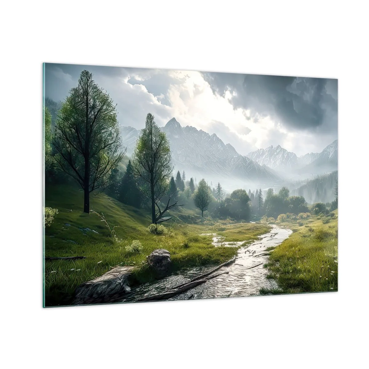 Cuadro sobre vidrio - Impresiones sobre Vidrio - Un paisaje de montaña con un arroyo y un valle verde por la mañana. - 100x70cm - De ida y vuelta - Decoración de pared moderna para salón y dormitorio ARTTOR