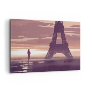 Cuadro sobre lienzo - Impresión de Imagen - Una figura mirando la Torre Eiffel a la luz del sol poniente. - 100x70cm - Sólo ellas dos - Decoración de pared moderna para salón y dormitorio ARTTOR