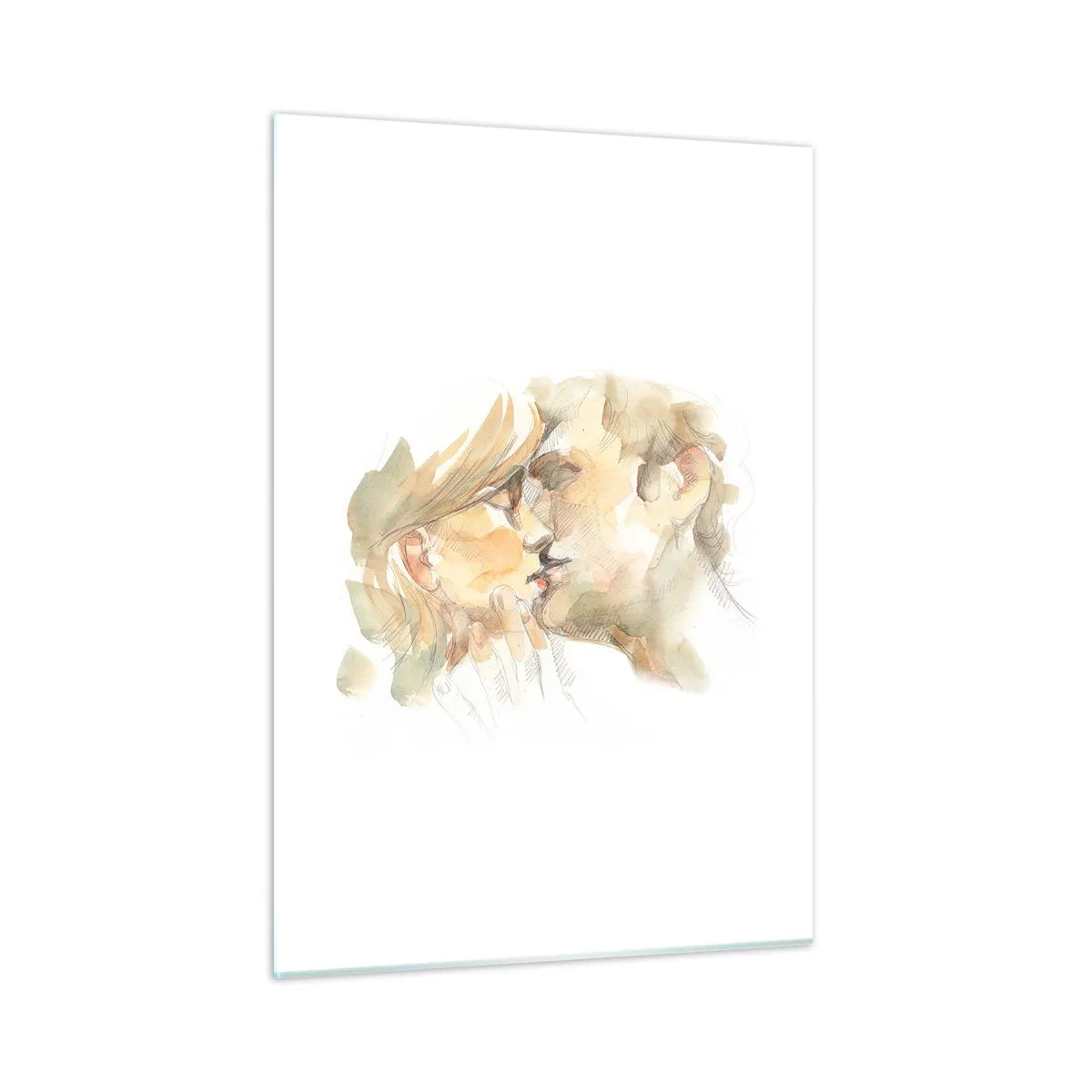 Cuadro sobre vidrio - Impresiones sobre Vidrio - Pintura romántica de acuarela de un beso de amantes. - 50x70cm - ¿La media naranja encontrada? - Decoración de pared moderna para salón y dormitorio ARTTOR