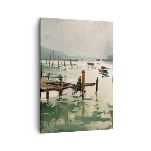 Cuadro sobre lienzo - Impresión de Imagen - Un puerto pintoresco con barcos en aguas tranquilas. - 50x70cm - Empapado en la luna fundida - Decoración de pared moderna para salón y dormitorio ARTTOR