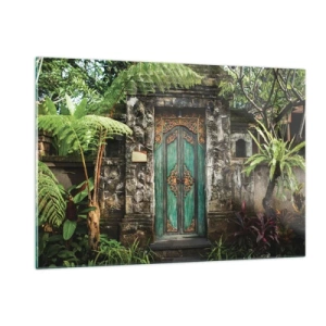 Cuadro sobre vidrio - Impresiones sobre Vidrio - Puerta turquesa adornada en un muro de piedra rodeado de vegetación tropical. - 120x80cm - Una puerta a un mundo exótico - Decoración de pared moderna para salón y dormitorio ARTTOR