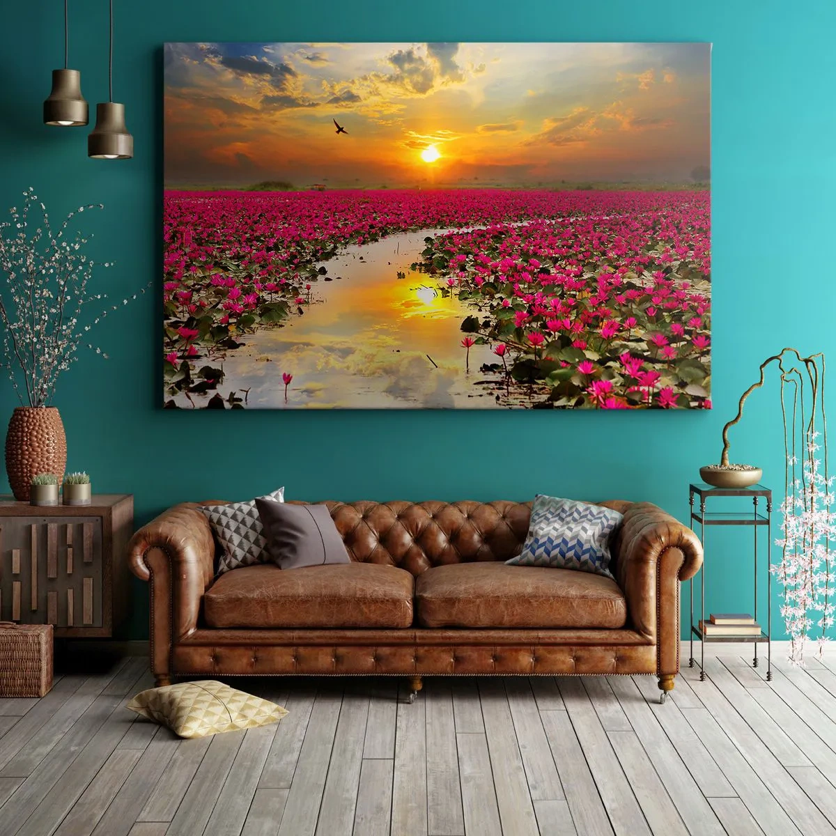Cuadro sobre lienzo - Impresión de Imagen - Un campo de nenúfares rosados al atardecer. - 100x70cm - La vida secreta del lago - Decoración de pared moderna para salón y dormitorio ARTTOR