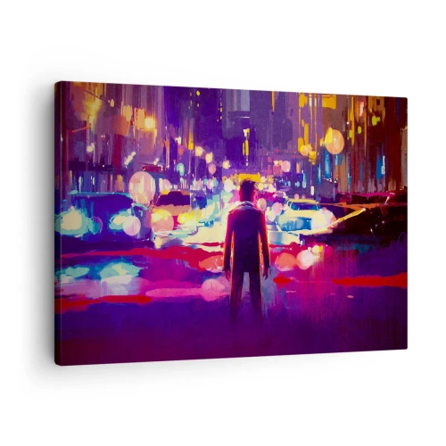 Cuadro sobre lienzo - Impresión de Imagen - Un hombre en una escena nocturna de la ciudad de neón. - 70x50cm - Inmerso en la luz - Decoración de pared moderna para salón y dormitorio ARTTOR