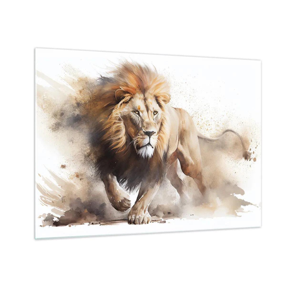 Cuadro sobre vidrio - Impresiones sobre Vidrio - Una toma dinámica en estilo acuarela de un león corriendo. - 70x50cm - El rey ha partido - Decoración de pared moderna para salón y dormitorio ARTTOR