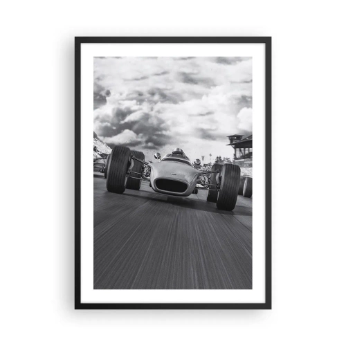 Póster en marco negro - Coche de carreras retro en pista en blanco y negro - 50x70cm - ¡Hay poder! - Decoración de pared moderna para salón y dormitorio ARTTOR