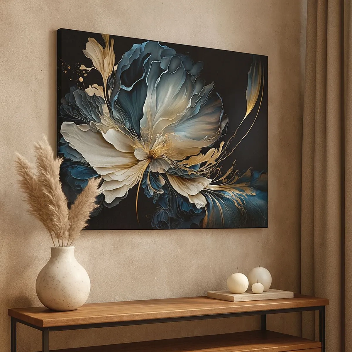 Cuadro sobre lienzo - Impresión de Imagen - Una flor en tonos dorados y azul marino sobre un fondo negro. - 70x50cm - Flor de helecho de cuento - Decoración de pared moderna para salón y dormitorio ARTTOR