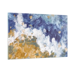 Cuadro sobre vidrio - Impresiones sobre Vidrio - Trazos de pintura abstracta en azul, blanco y dorado. - 120x80cm - Danza de los elementos - Decoración de pared moderna para salón y dormitorio ARTTOR