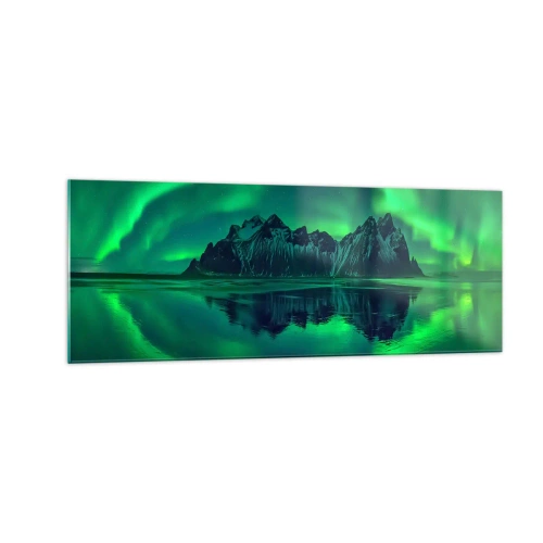Cuadro sobre vidrio - Impresiones sobre Vidrio - Montañas rodeadas de auroras boreales reflejadas en el agua. - 140x50cm - En los brazos de la aurora - Decoración de pared moderna para salón y dormitorio ARTTOR