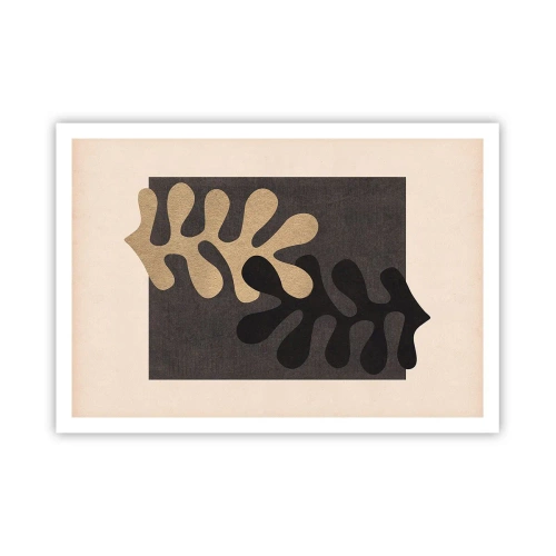Póster - Hojas abstractas en negro y beige sobre un fondo rectangular. - 100x70cm - Ausencia y complemento - Decoración de pared moderna para salón y dormitorio ARTTOR