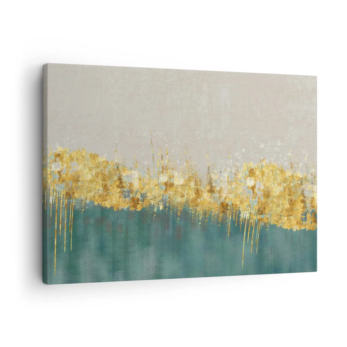 Cuadro sobre lienzo - Impresión de Imagen - Acentos dorados sobre un fondo verde-beige. - 70x50cm - La frontera dorada - Decoración de pared moderna para salón y dormitorio ARTTOR