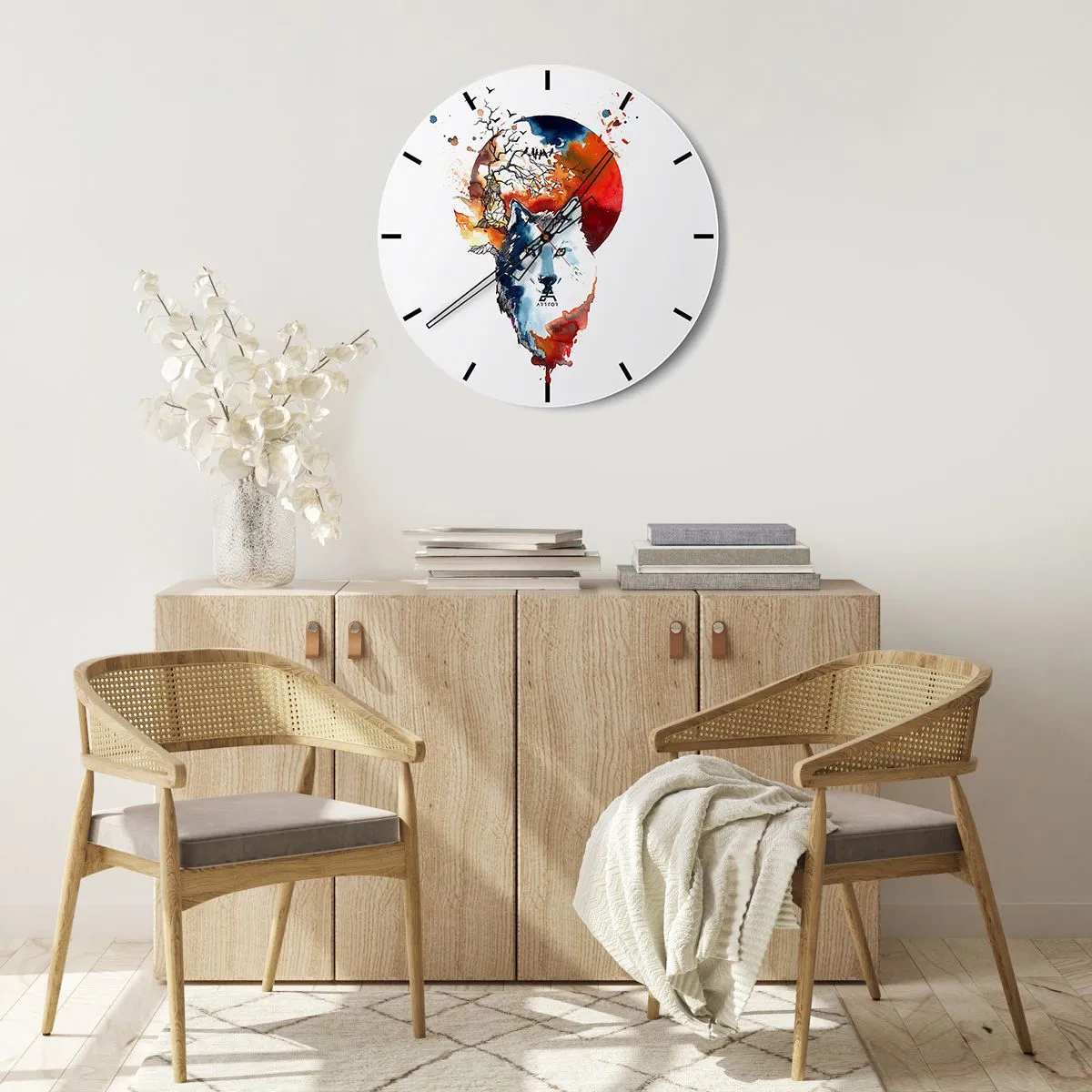 Reloj de pared - Reloj de vidrio - Obra de acuarela de un lobo con un sol poniente al fondo. - 30x30cm - El acecho nocturno - Decoración de pared moderna para salón, cocina y dormitorio ARTTOR