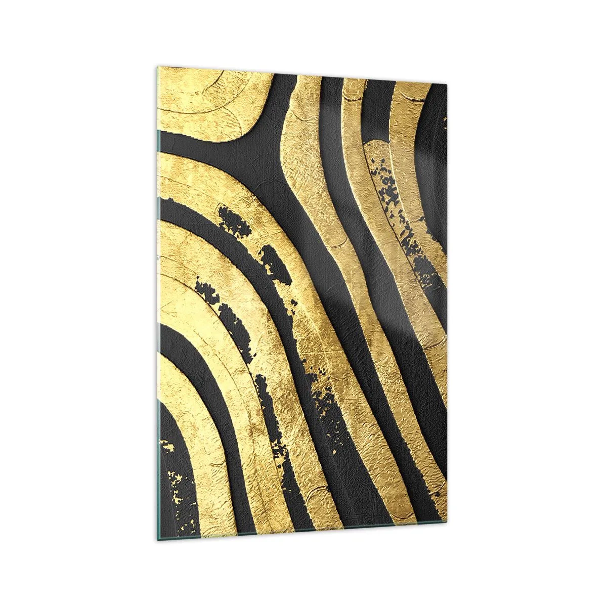 Cuadro sobre vidrio - Impresiones sobre Vidrio - Ondas abstractas doradas sobre un fondo negro - 70x100cm - Todo fluye - Decoración de pared moderna para salón y dormitorio ARTTOR