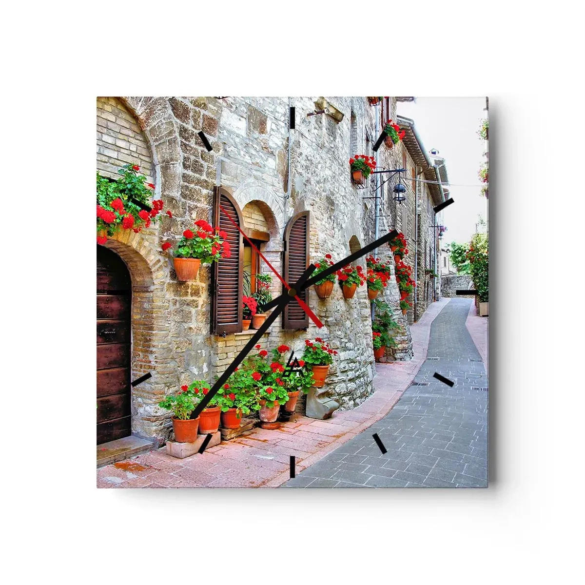 Reloj de pared - Reloj de vidrio - Una calle estrecha con edificios de piedra decorados con macetas. - 30x30cm - Ambiente italiano - Decoración de pared moderna para salón y dormitorio ARTTOR