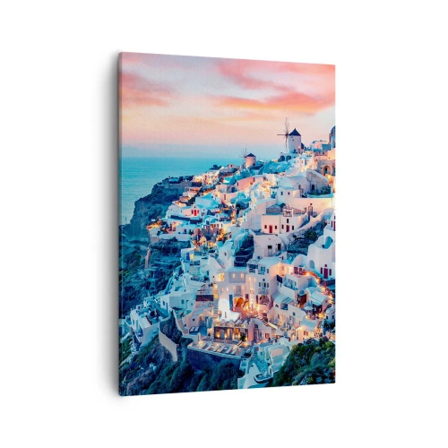 Cuadro sobre lienzo - Impresión de Imagen - Santorini al atardecer con edificios blancos en la colina - 50x70cm - Vacaciones en Grecia - Decoración de pared moderna para salón y dormitorio ARTTOR