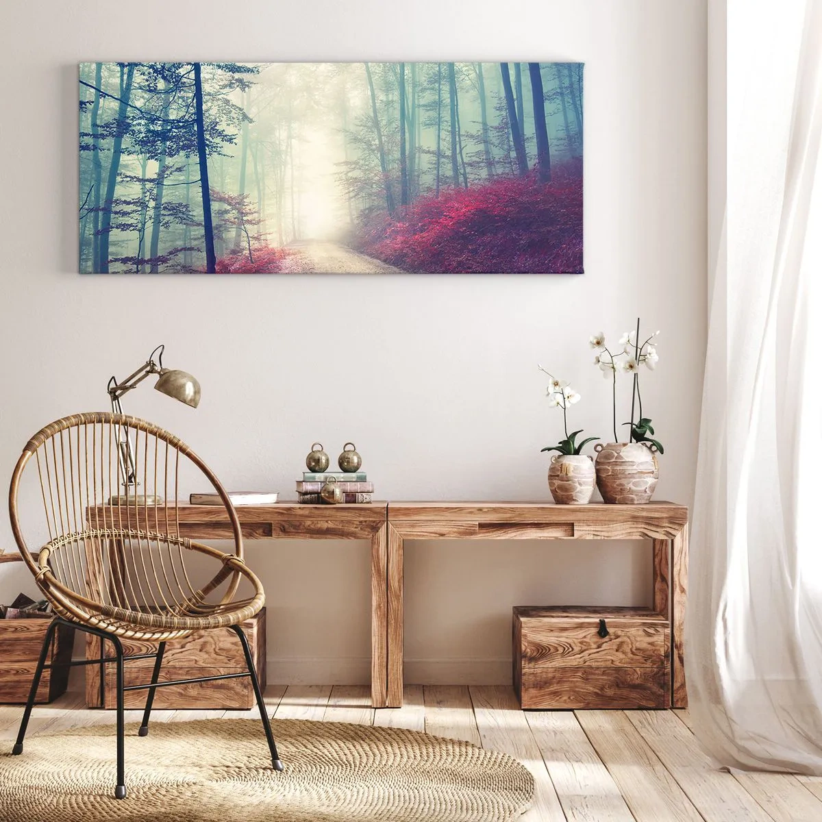 Cuadro sobre lienzo - Impresión de Imagen - Un sendero forestal mágico rodeado de árboles y niebla. - 120x50cm - Qué bueno es levantarse al amanecer - Decoración de pared moderna para salón y dormitorio ARTTOR