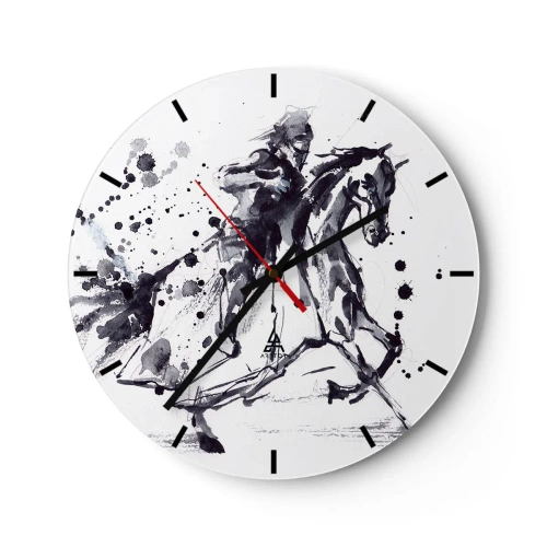 Reloj de pared - Reloj de vidrio - Jinete de caballo en acuarela en blanco y negro - 30x30cm - Caballero negro - Decoración de pared moderna para salón, cocina y dormitorio ARTTOR