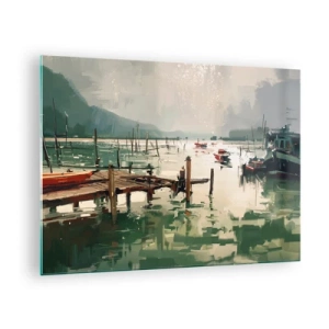 Cuadro sobre vidrio - Impresiones sobre Vidrio - Un embarcadero de madera y barcos en aguas tranquilas rodeados de montañas. - 70x50cm - Empapado en la luna fundida - Decoración de pared moderna para salón y dormitorio ARTTOR