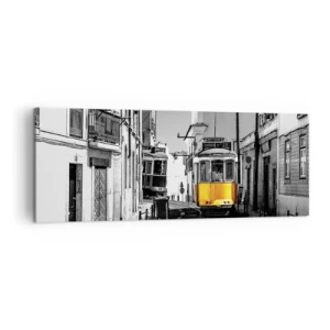 Cuadro sobre lienzo - Impresión de Imagen - Un tranvía amarillo en las calles de Lisboa en un entorno monocromático. - 140x50cm - Espíritu de Lisboa - Decoración de pared moderna para salón y dormitorio ARTTOR