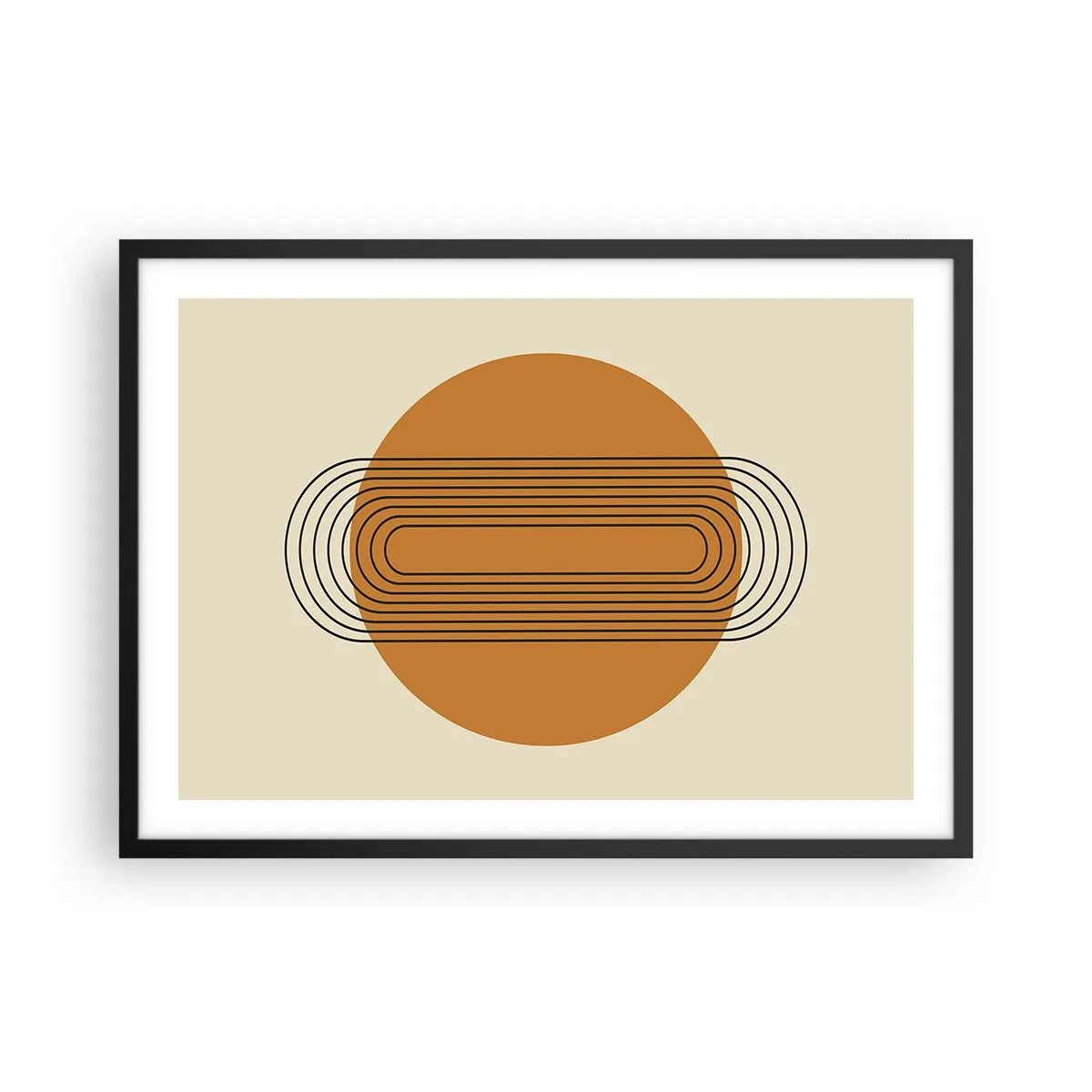 Póster en marco negro - Patrón geométrico con círculos y líneas naranjas. - 70x50cm - El plan perfecto - Decoración de pared moderna para salón y dormitorio ARTTOR