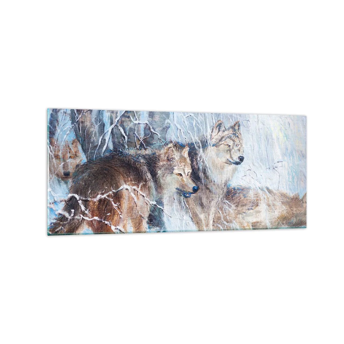 Cuadro sobre vidrio - Impresiones sobre Vidrio - Lobos en un bosque invernal con un fondo nevado - 120x50cm - ¡Cuidado! Aquí viene... - Decoración de pared moderna para salón y dormitorio ARTTOR