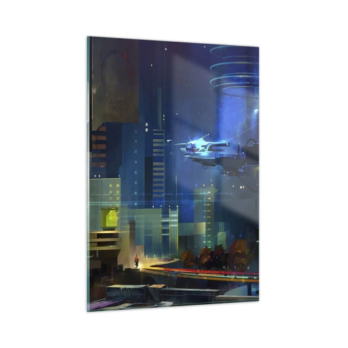 Cuadro sobre vidrio - Impresiones sobre Vidrio - Ciudad futurista de noche con luces de neón y un vehículo volador. - 50x70cm - En un futuro próximo - Decoración de pared moderna para salón y dormitorio ARTTOR