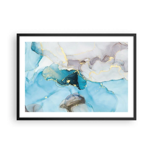 Póster en marco negro - Abstracción en tonos azules y dorados con líneas sutiles. - 70x50cm - Un estudio del encuentro entre el gris y el turquesa - Decoración de pared moderna para salón y dormitorio ARTTOR