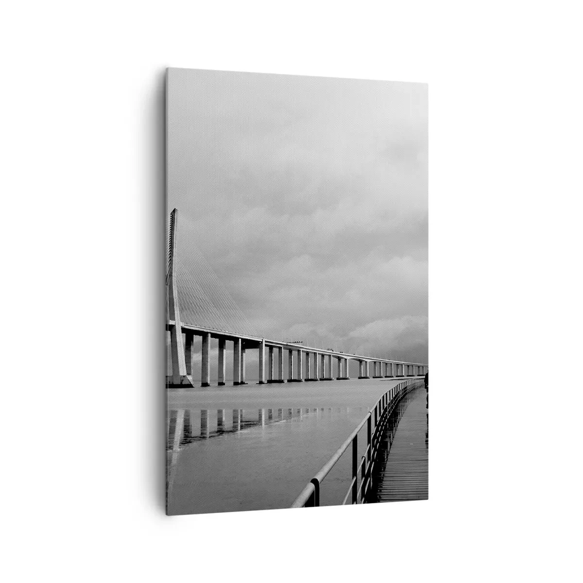 Cuadro sobre lienzo - Impresión de Imagen - Un puente colgante sobre el agua en blanco y negro. - 80x120cm - A cada uno lo suyo - Decoración de pared moderna para salón y dormitorio ARTTOR