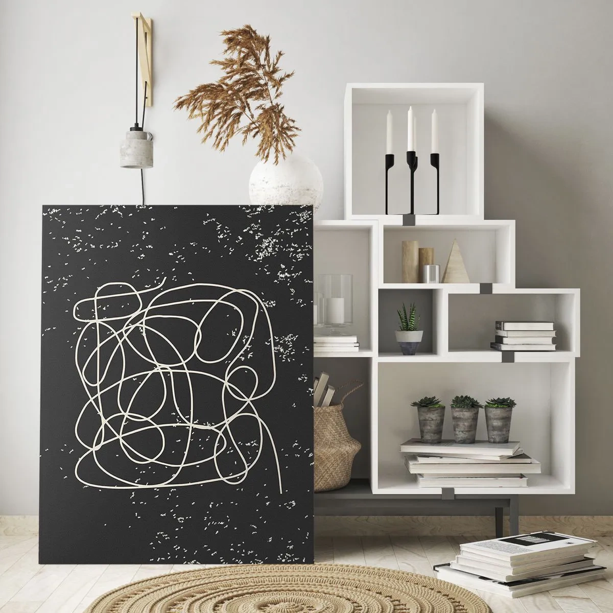Cuadro sobre vidrio - Impresiones sobre Vidrio - Línea abstracta en forma de enredo sobre un fondo negro texturizado - 50x70cm - Pensamientos errantes - Decoración de pared moderna para salón y dormitorio ARTTOR