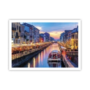 Póster - Un canal con iluminación rodeado de edificios coloridos. - 100x70cm - Una noche de luz y diversión - Decoración de pared moderna para salón y dormitorio ARTTOR