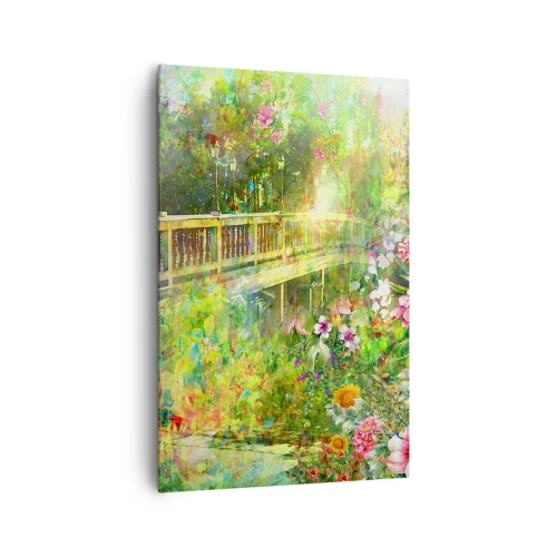 Cuadro sobre lienzo - Impresión de Imagen - Un puente rodeado de exuberante vegetación y flores. - 80x120cm - Un puente de suspiros de primavera - Decoración de pared moderna para salón y dormitorio ARTTOR