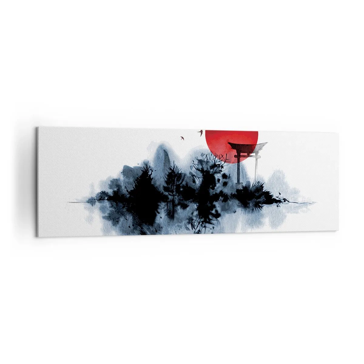 Cuadro sobre lienzo - Impresión de Imagen - Sol rojo sobre un paisaje pintoresco con torii - 160x50cm - Visión japonesa - Decoración de pared moderna para salón y dormitorio ARTTOR