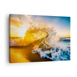 Cuadro sobre lienzo - Impresión de Imagen - Una ola dorada con el sol poniente como telón de fondo. - 70x50cm - Jugando en la arena - Decoración de pared moderna para salón y dormitorio ARTTOR