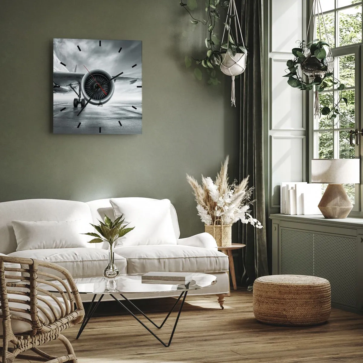 Reloj de pared - Reloj de vidrio - El motor a reacción de un avión en la pista - 30x30cm - Hay poder - Decoración de pared moderna para salón y dormitorio ARTTOR