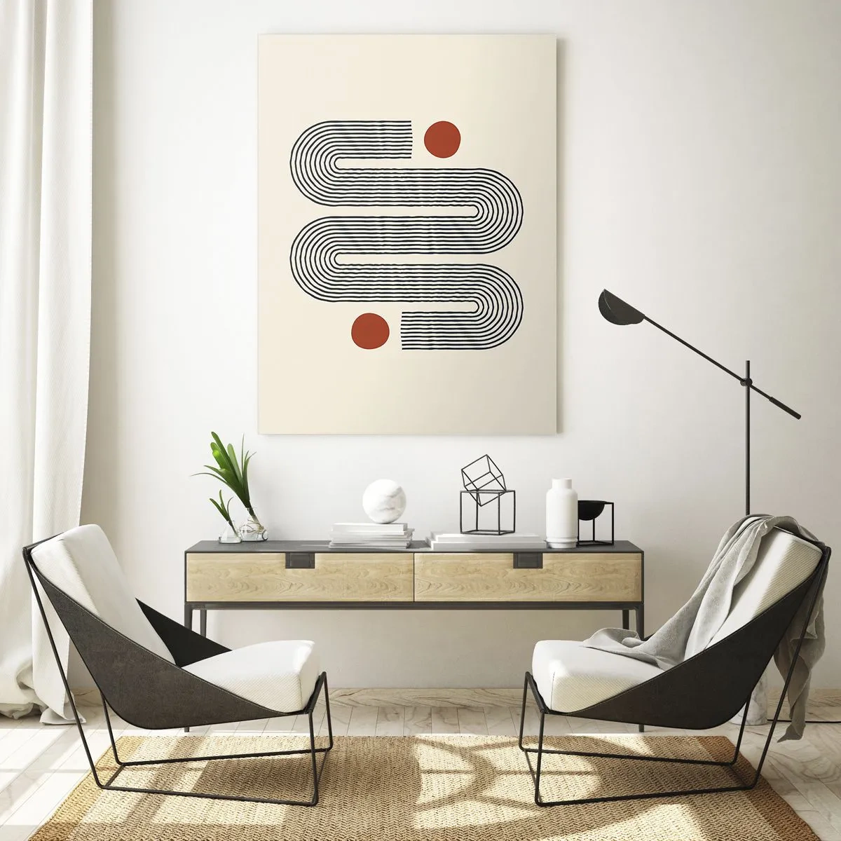 Cuadro sobre vidrio - Impresiones sobre Vidrio - Patrón geométrico con líneas y círculos naranjas. - 70x100cm - De principio a fin - Decoración de pared moderna para salón y dormitorio ARTTOR