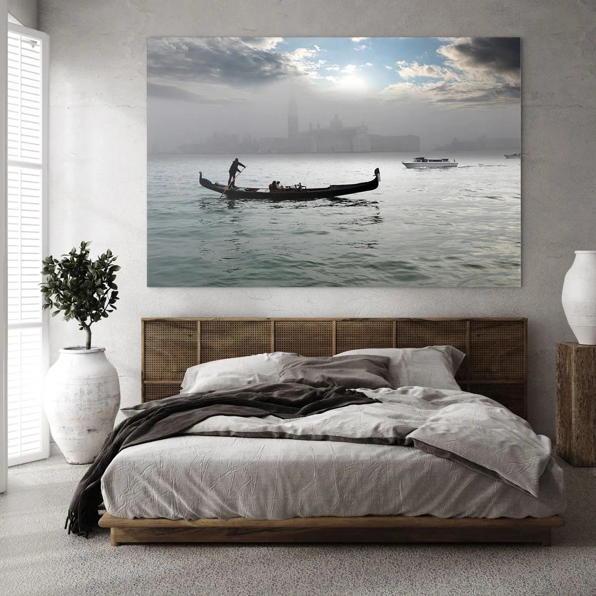 Cuadro sobre vidrio - Impresiones sobre Vidrio - Góndola sobre las aguas de Venecia en una mañana de niebla - 120x80cm - Una fabulosa ciudad de agua y niebla - Decoración de pared moderna para salón y dormitorio ARTTOR