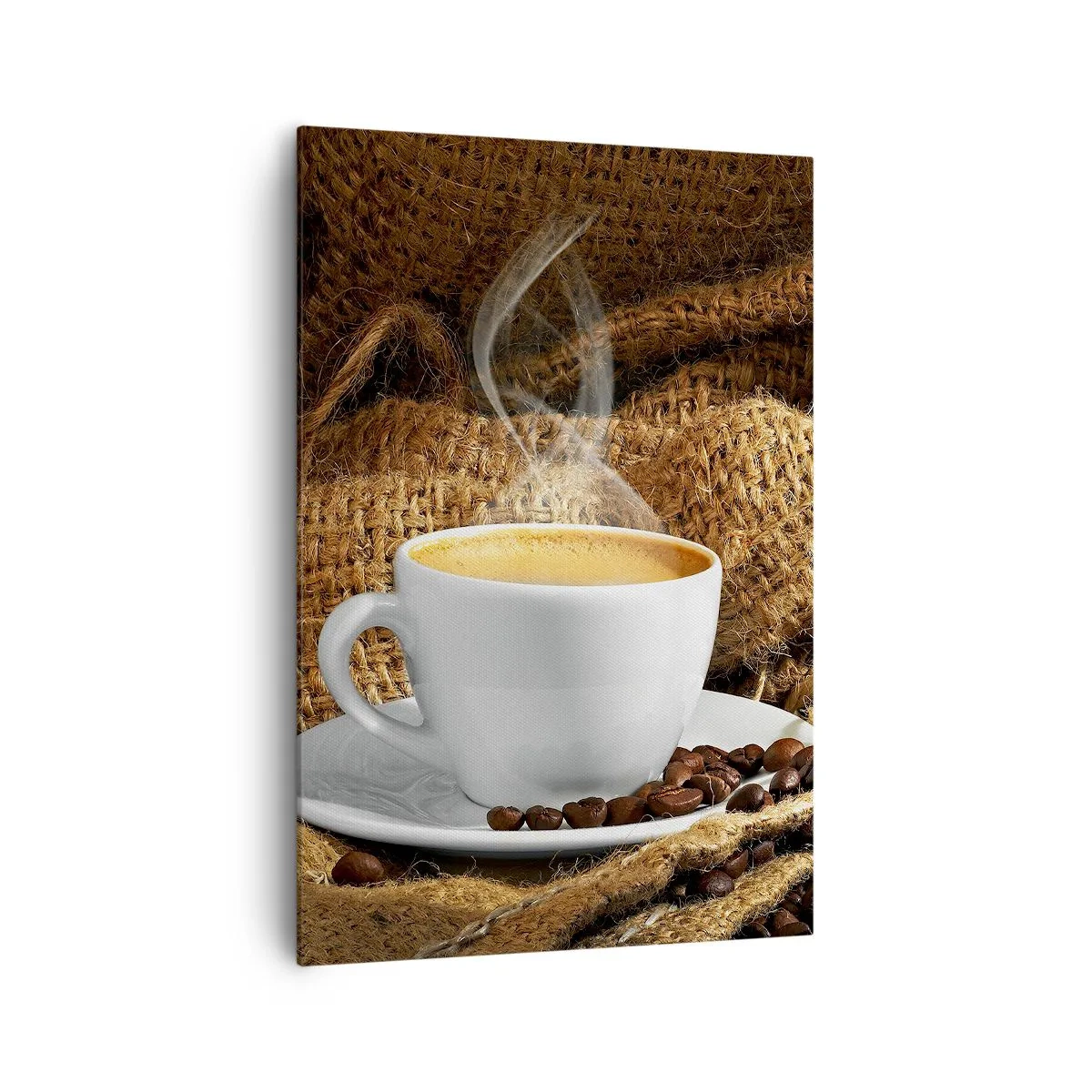 Cuadro sobre lienzo - Impresión de Imagen - Una taza de café rodeada de una bolsa de granos de café. - 70x100cm - Olor a moca y densidad del líquido meloso - Decoración de pared moderna para salón y dormitorio ARTTOR