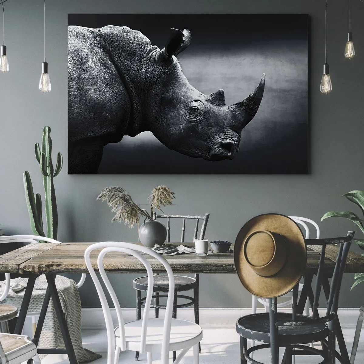 Cuadro sobre lienzo - Impresión de Imagen - Retrato en blanco y negro de un rinoceronte sobre un fondo oscuro. - 70x50cm - Perfil derecho - Decoración de pared moderna para salón y dormitorio ARTTOR