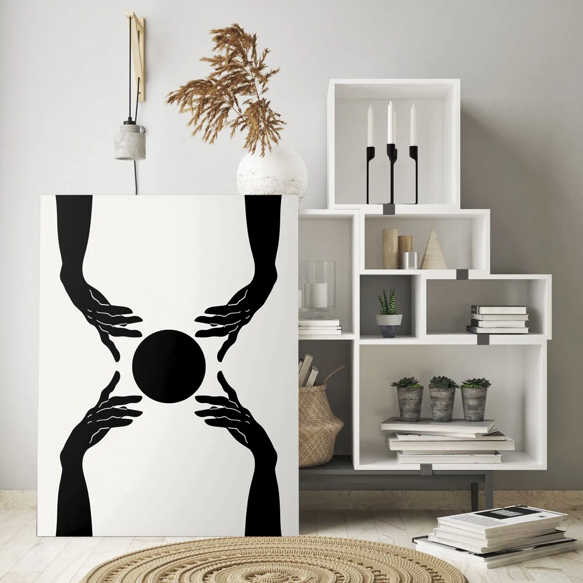 Cuadro sobre vidrio - Impresiones sobre Vidrio - Manos negras en una composición simétrica con una pelota. - 80x120cm - Una señal secreta - Decoración de pared moderna para salón y dormitorio ARTTOR