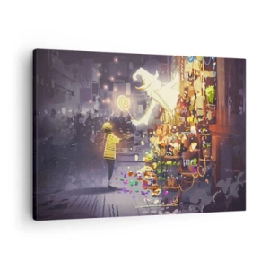 Cuadro sobre lienzo - Impresión de Imagen - Un personaje de cuento de hadas y un niño en una calle llena de luces y magia. - 70x50cm - Los hechizos existen - Decoración de pared moderna para salón y dormitorio ARTTOR