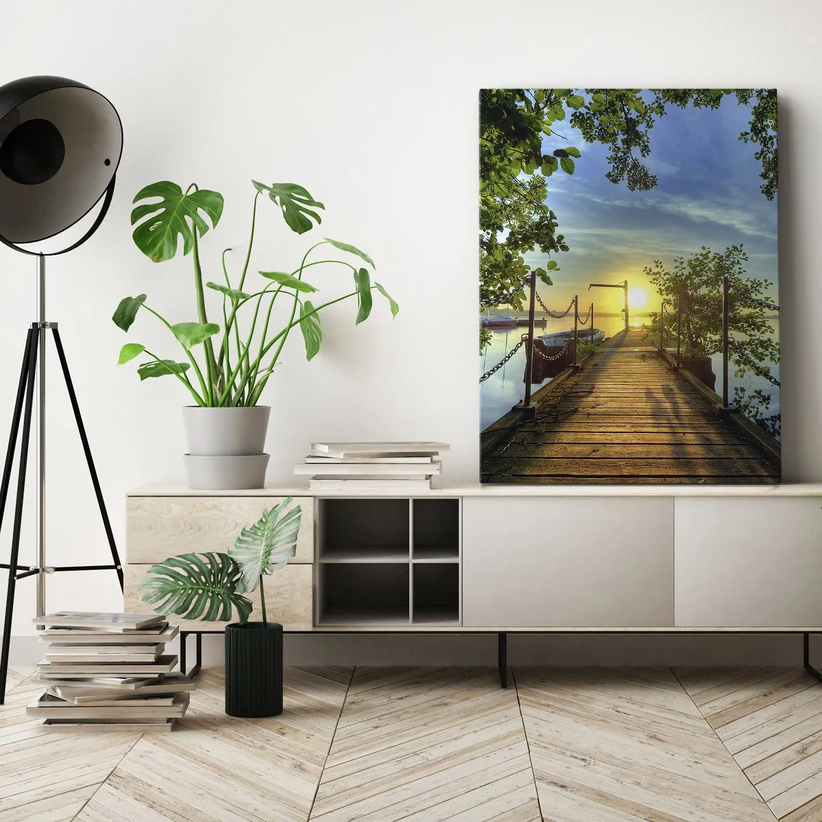 Cuadro sobre lienzo - Impresión de Imagen - Un muelle sobre el lago bajo los rayos del atardecer. - 80x120cm - Atardecer junto al agua - Decoración de pared moderna para salón y dormitorio ARTTOR