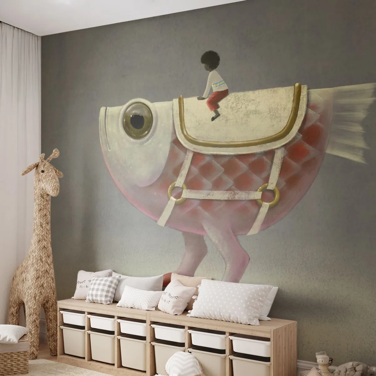 Fotomural Premium Canvas - Jinete del pescado - Abstracción, Pez, Para niños - 250x175 cm