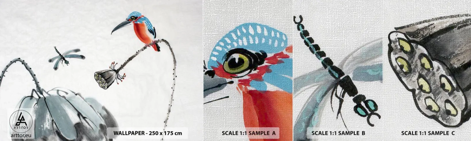 Muestra de fotomural Premium Canvas - La vida de la pradera - Abstracción, Pájaro, Flor - 100x30 cm