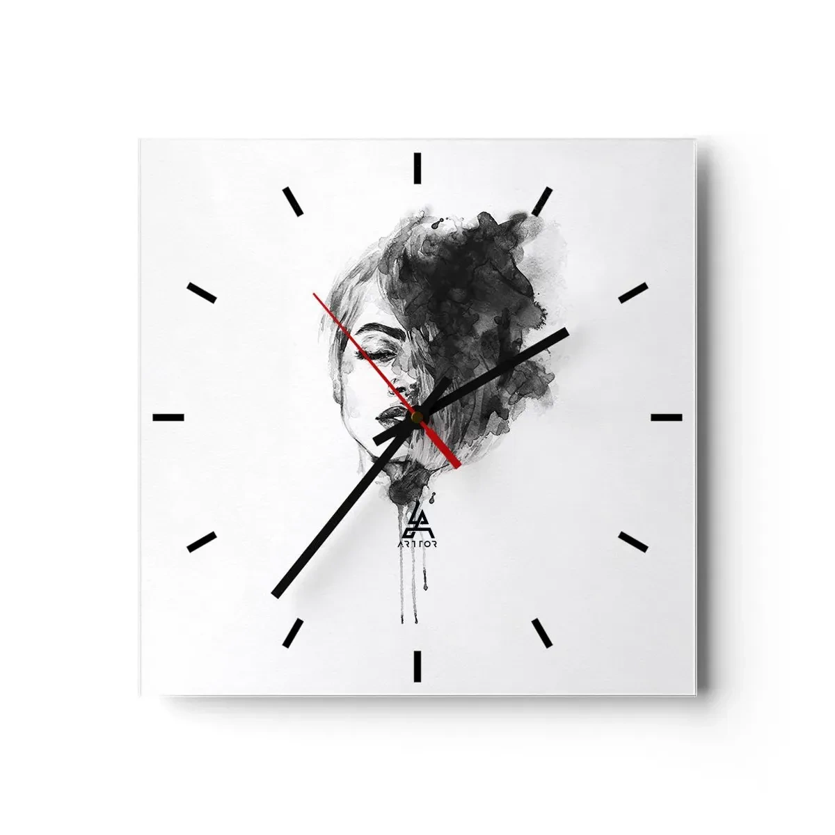 Reloj de pared - Reloj de vidrio - Retrato artístico de una mujer en técnica de acuarela con detalles abstractos. - 30x30cm - Sueños en femenino - Decoración de pared moderna para salón y dormitorio ARTTOR