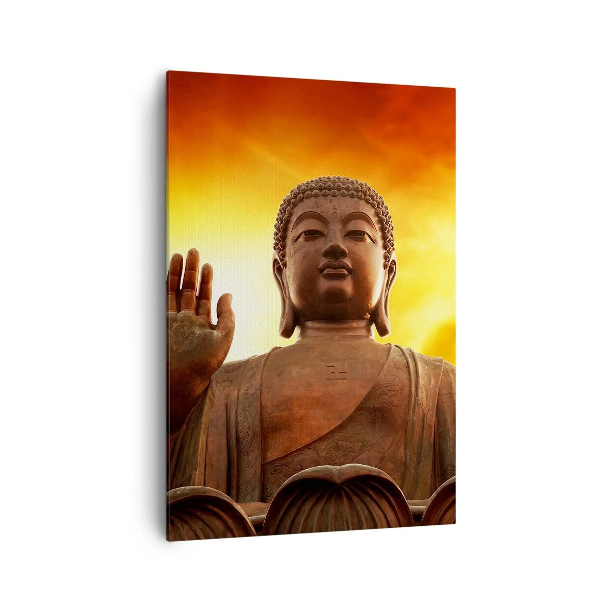 Cuadro sobre lienzo - Impresión de Imagen - Una estatua de Buda contra un cielo dorado al atardecer. - 70x100cm - La calma del mundo - Decoración de pared moderna para salón y dormitorio ARTTOR