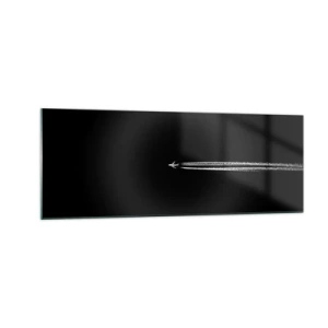 Cuadro sobre vidrio - Impresiones sobre Vidrio - Un avión a reacción con una estela de condensación visible sobre un fondo negro. - 140x50cm - En otra dimensión - Decoración de pared moderna para salón y dormitorio ARTTOR