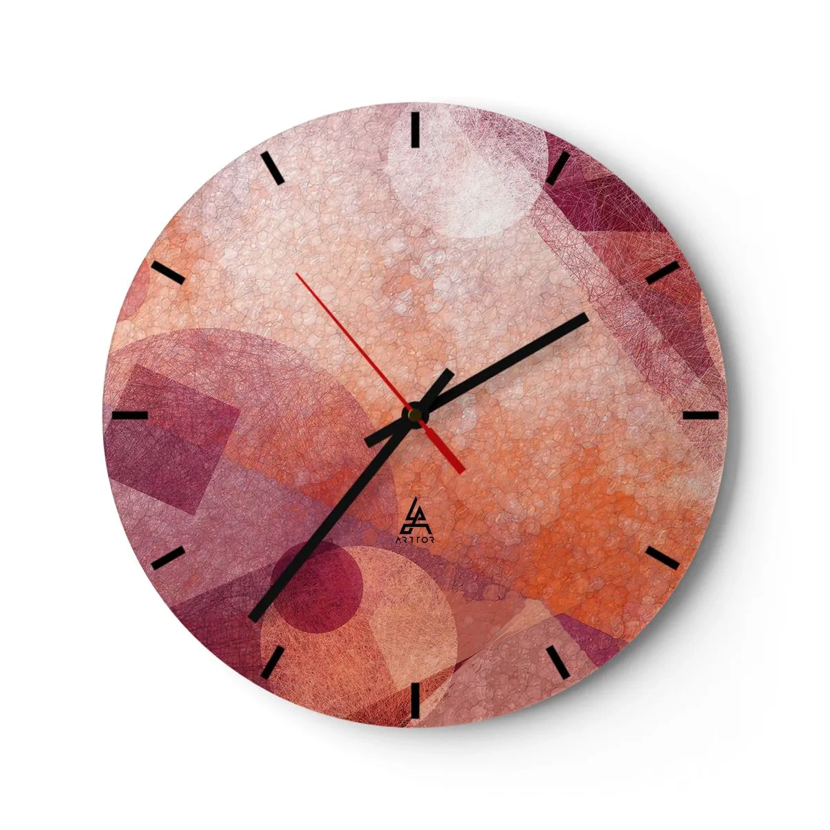 Reloj de pared - Reloj de vidrio - Patrones geométricos en tonos rosa y naranja. - 30x30cm - Transformaciones geométricas en rosa - Decoración de pared moderna para salón, cocina y dormitorio ARTTOR