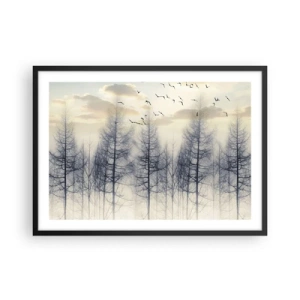 Póster en marco negro - Bosque brumoso con pájaros contra el cielo del atardecer - 70x50cm - Espíritus del bosque - Decoración de pared moderna para salón y dormitorio ARTTOR